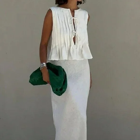 White Casual Women's Ribbon-Tied Ruffled Sleeveless Blouse And Long Skirt Set - Picture 2 of 8